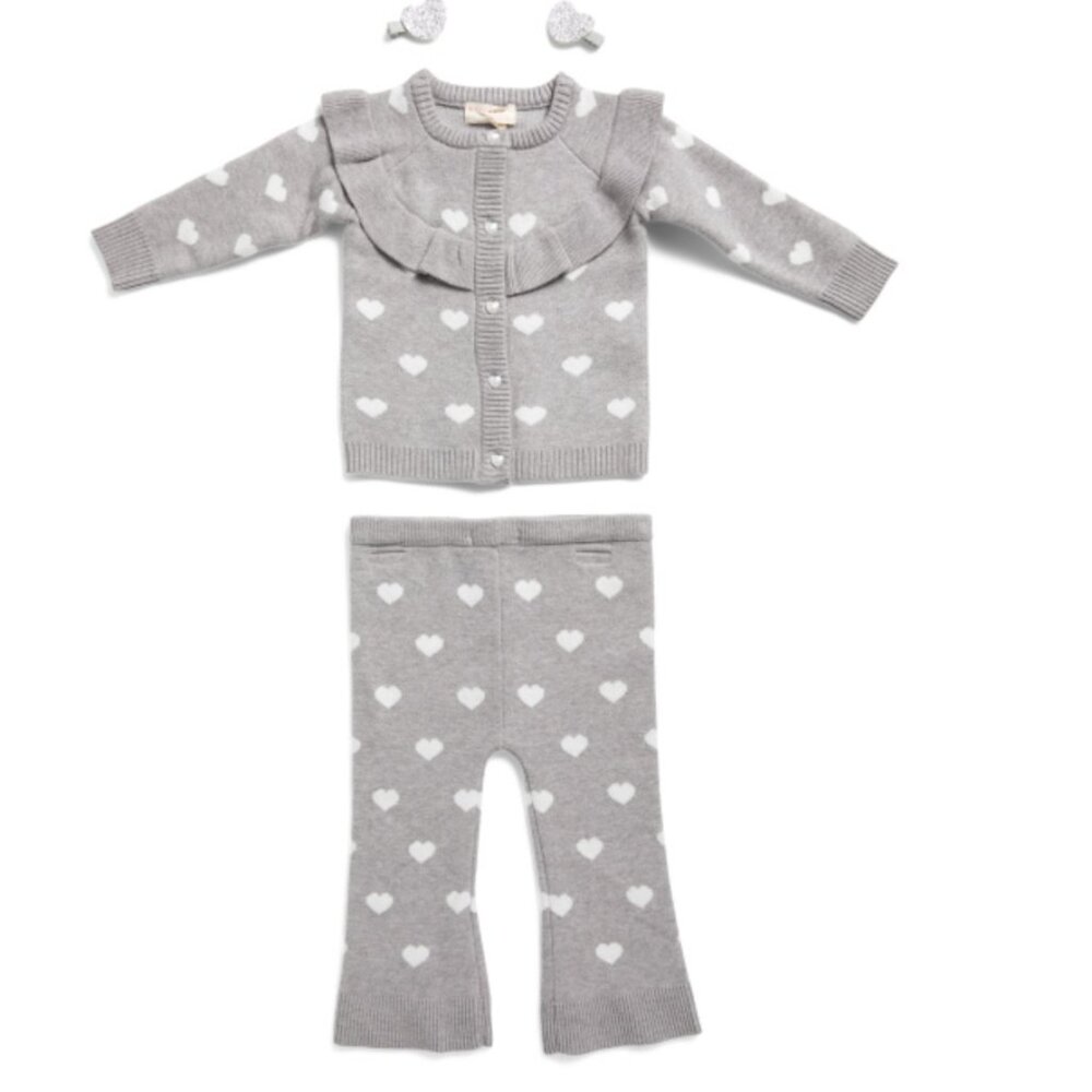 NWT BTWEEN Girl 2pc Knit Ruffle Heart Cardigan and Flare Pants Set w Hair Clip
